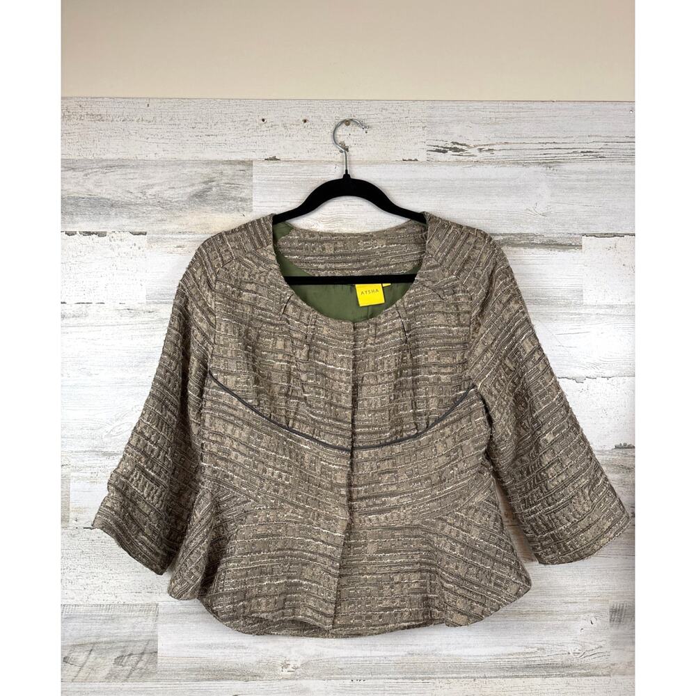 Aysha Womens 10 Bronze Wool Snap Button Peplum Blazer Jacket 3/4 Sleeve Work